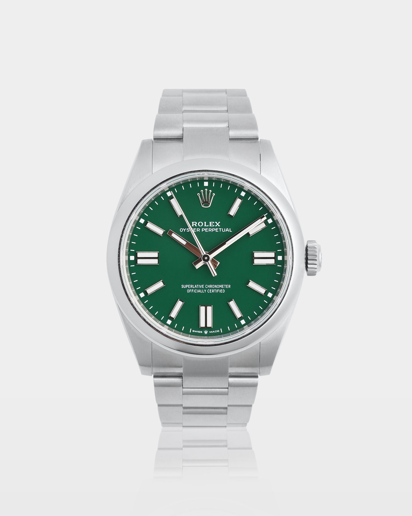 Rolex Oyster Perpetual 41 watch featuring a vibrant lacquer green dial, smooth steel bezel, and brushed stainless steel Oyster bracelet