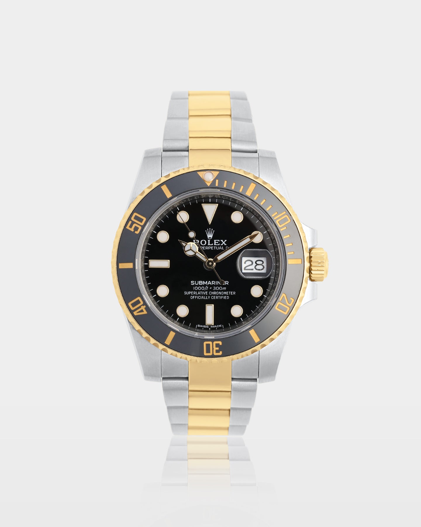 Rolex Submariner Date 116613LN watch in two-tone yellow gold and steel, featuring a black dial and a black ceramic Cerachrom bezel